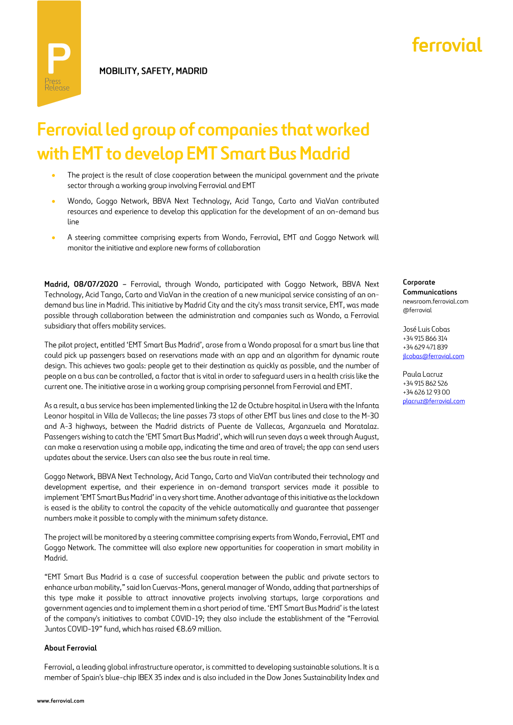 Ferrovial Led Group of Companies That Worked with EMT to Develop EMT