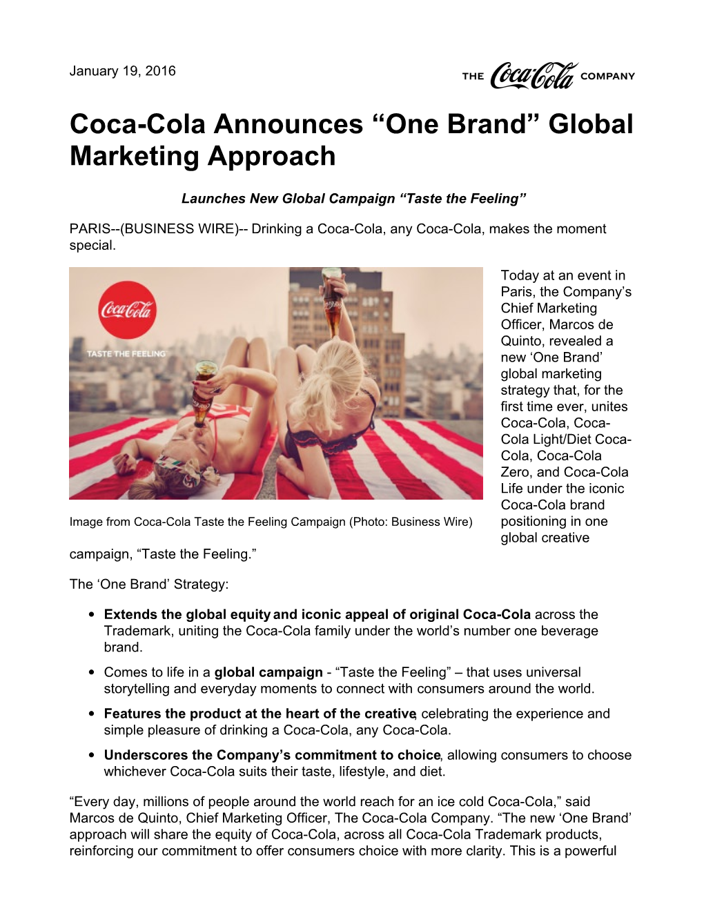 Coca-Cola Announces “One Brand” Global Marketing Approach