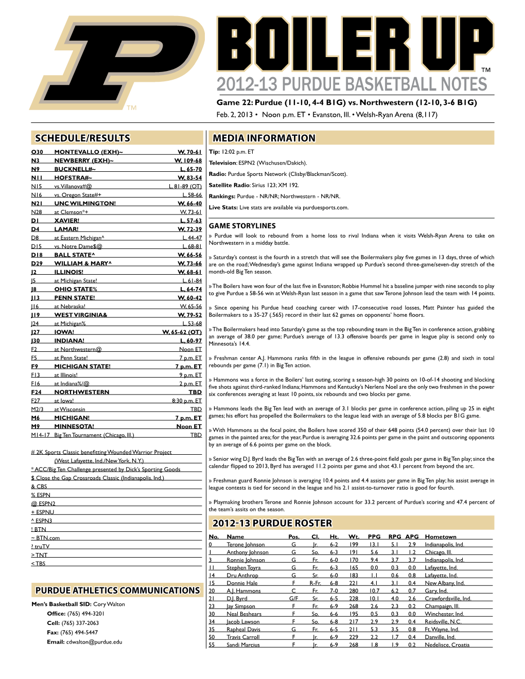 2012-13 Purdue Basketball Notes Game 22: Purdue (11-10, 4-4 B1G) Vs