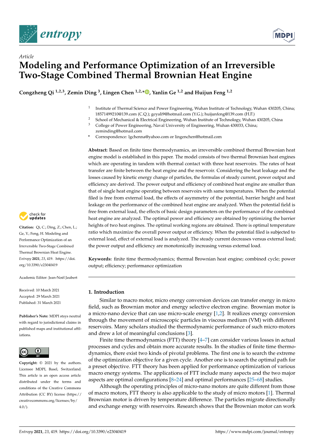 Modeling and Performance Optimization of an Irreversible Two-Stage Combined Thermal Brownian Heat Engine