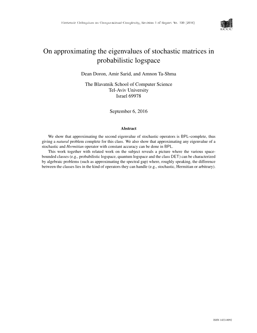 On Approximating the Eigenvalues of Stochastic Matrices in Probabilistic Logspace