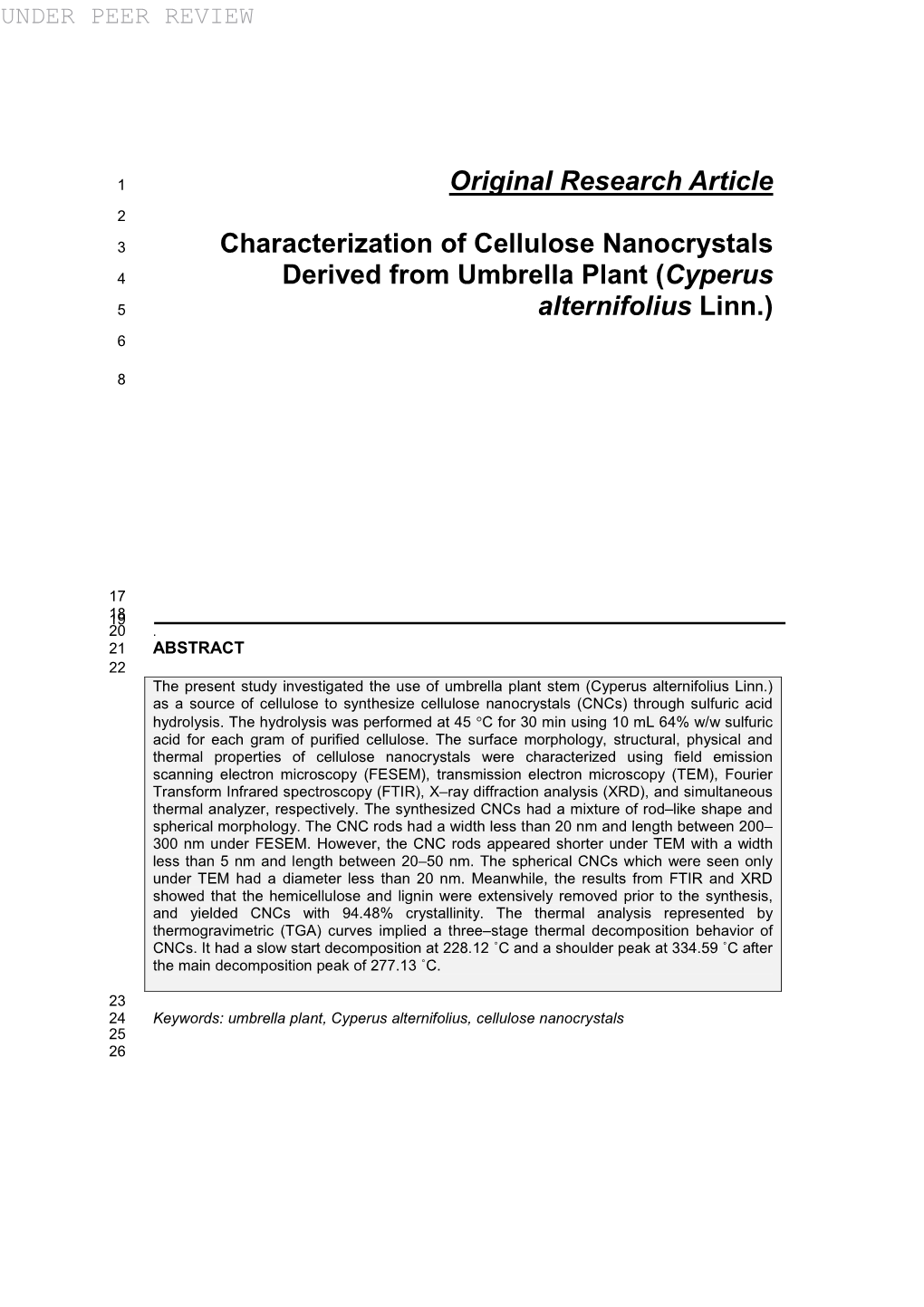Original Research Article Characterization of Cellulose Nanocrystals