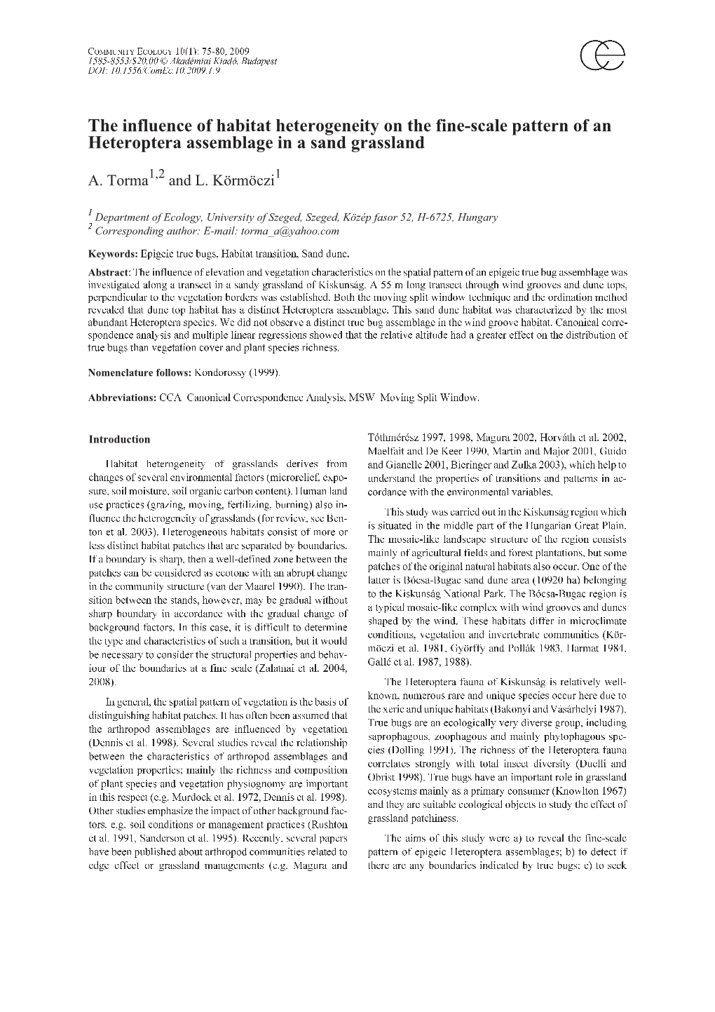 The Influence of Habitat Heterogeneity on the Fine-Scale Pattern of an Heteroptera Assemblage in a Sand Grassland