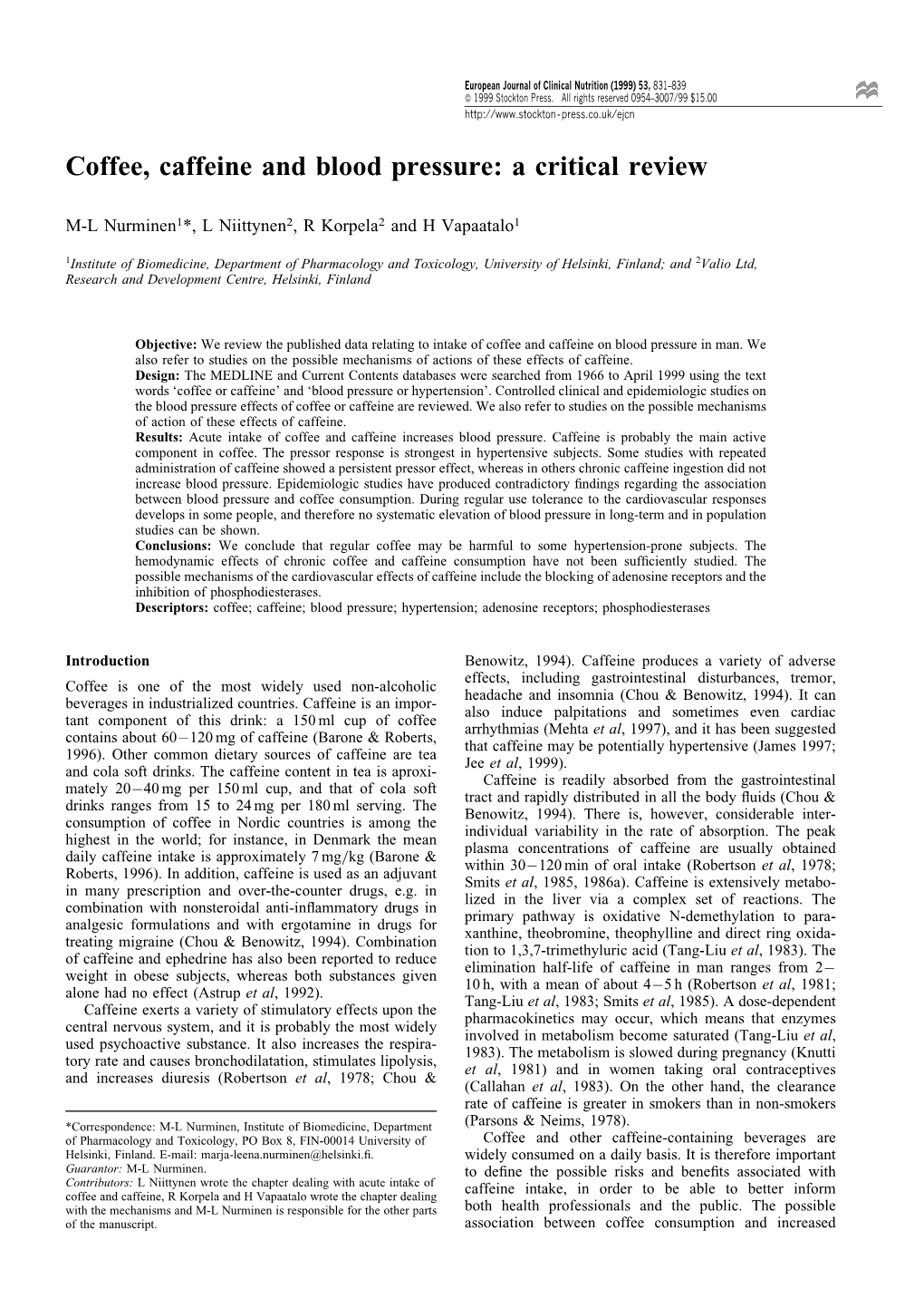 Coffee, Caffeine and Blood Pressure: a Critical Review