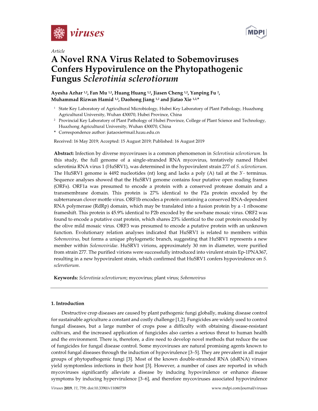 A Novel RNA Virus Related to Sobemoviruses Confers Hypovirulence on the Phytopathogenic Fungus Sclerotinia Sclerotiorum