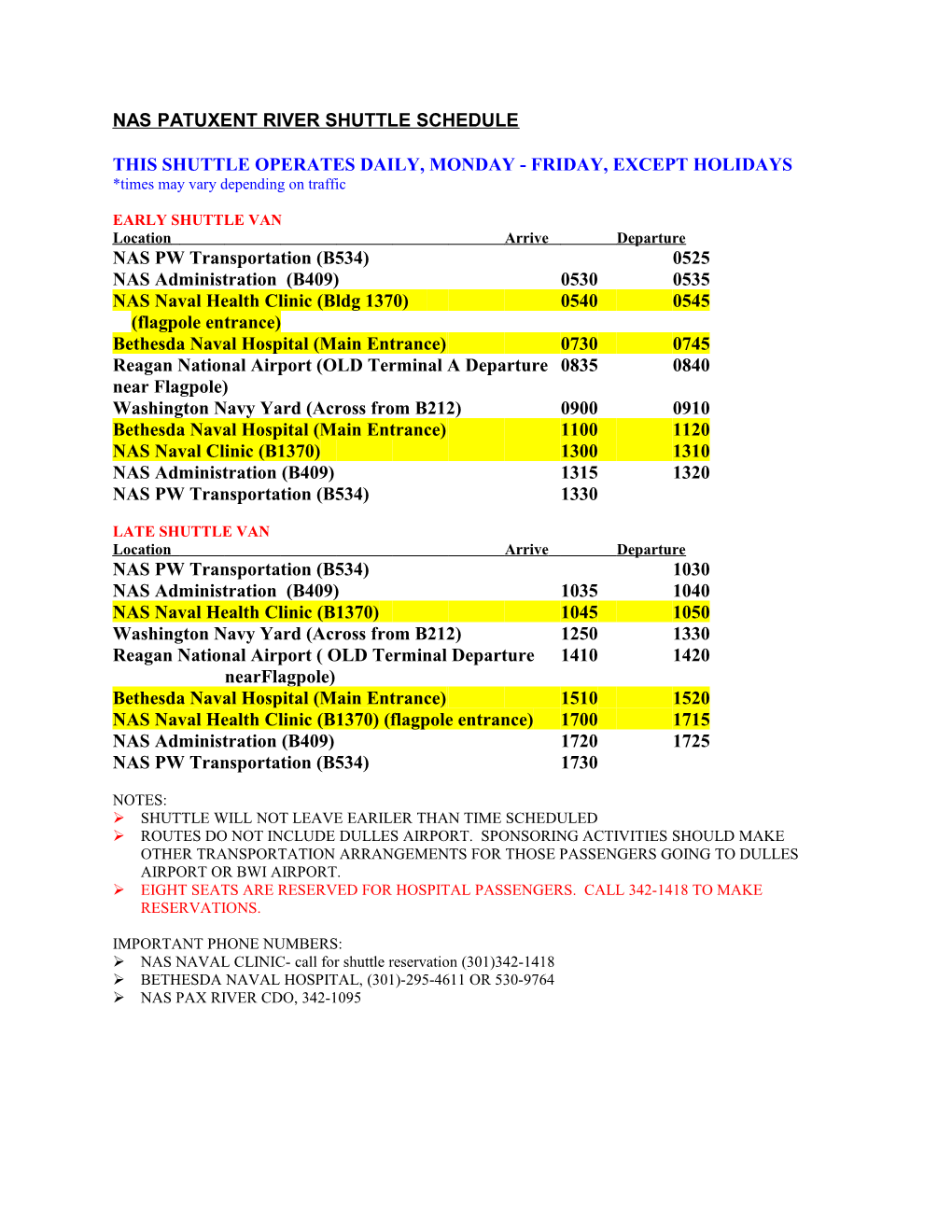 Patuxent River Public Works Shuttle Schedule