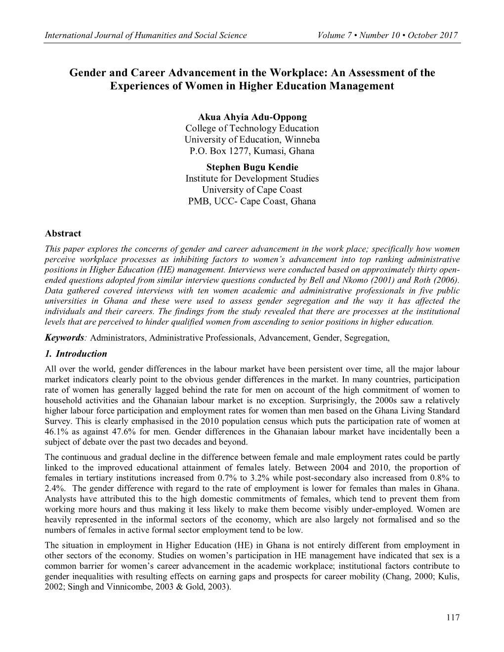 Gender and Career Advancement in the Workplace: an Assessment of the Experiences of Women in Higher Education Management