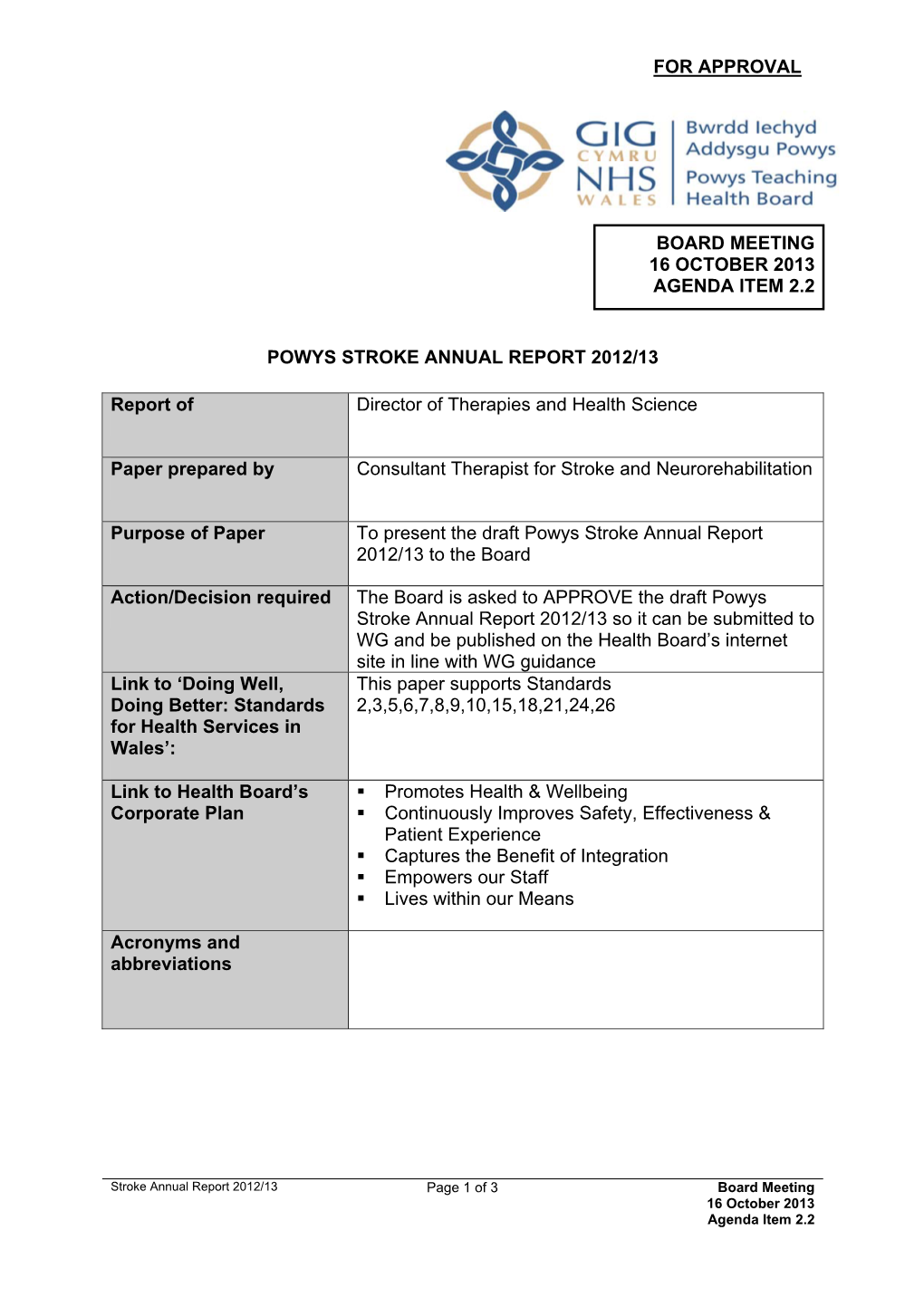 For Approval Board Meeting 16 October 2013 Agenda Item