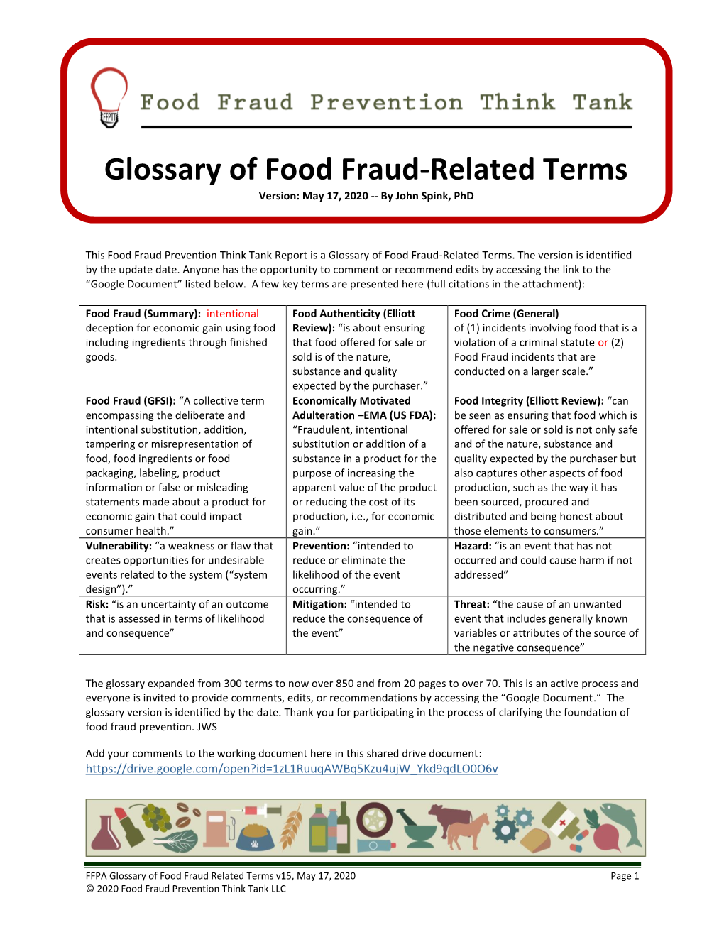 Glossary of Food Fraud-Related Terms Version: May 17, 2020 -- by John Spink, Phd