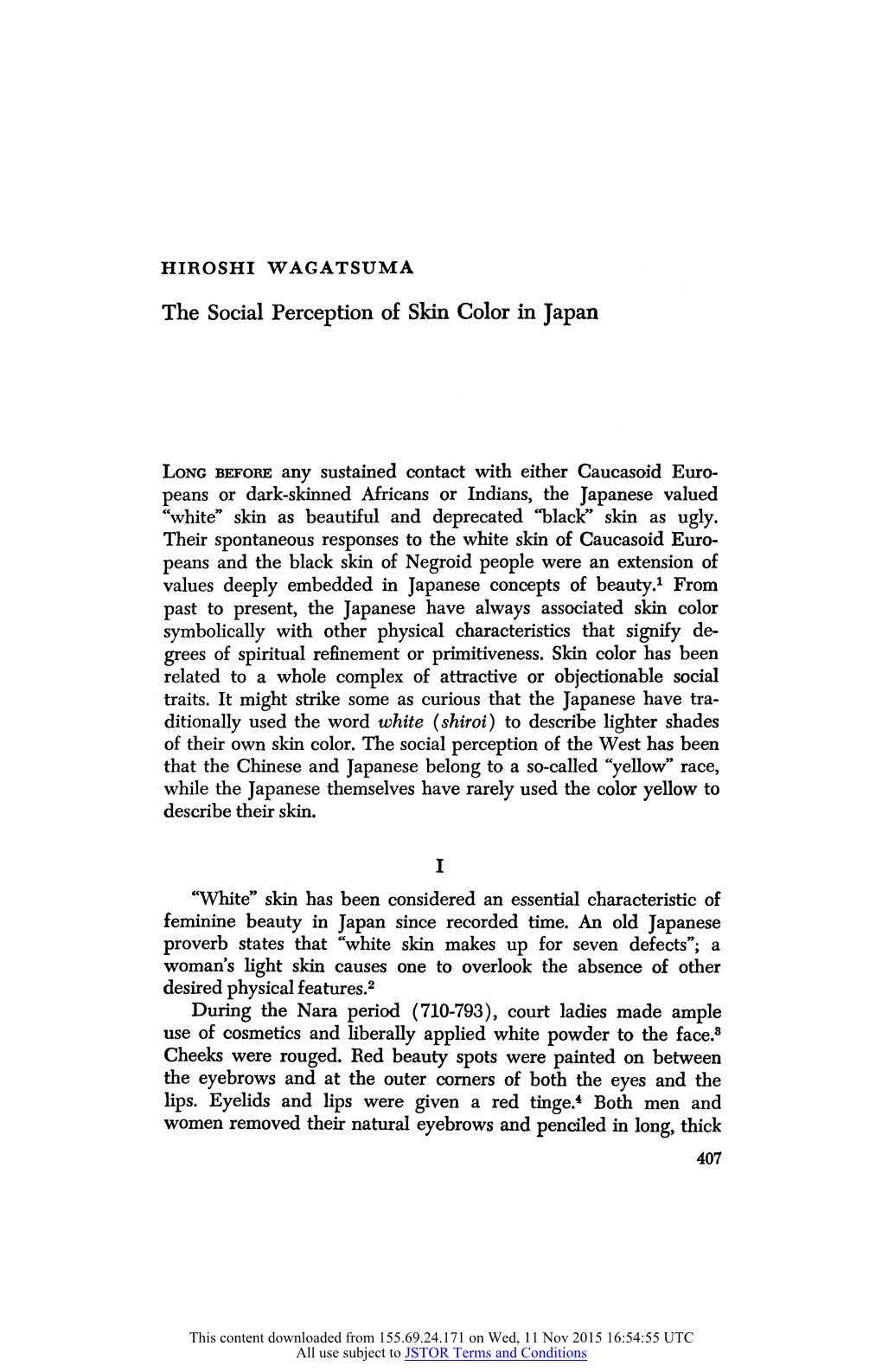 HIROSHI WAGATSUMA the Social Perception of Skin Color in Japan