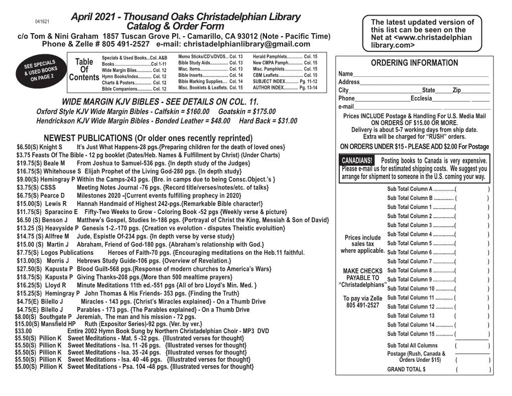 Thousand Oaks Christadelphian Library Catalog & Order Form