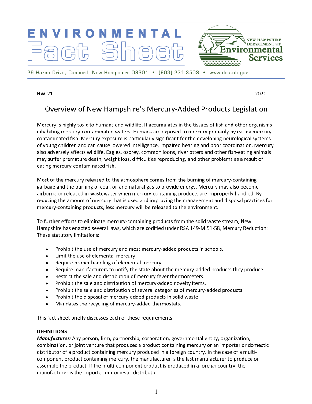 Overview of New Hampshire's Mercury-Added Products Legislation