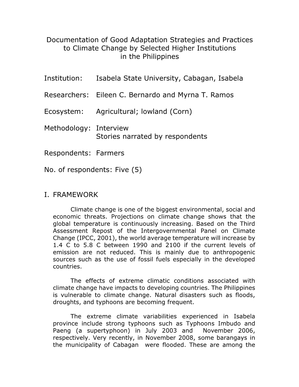 Documentation of Good Adaptation Strategies and Practices to Climate Change by Selected Higher Institutions in the Philippines