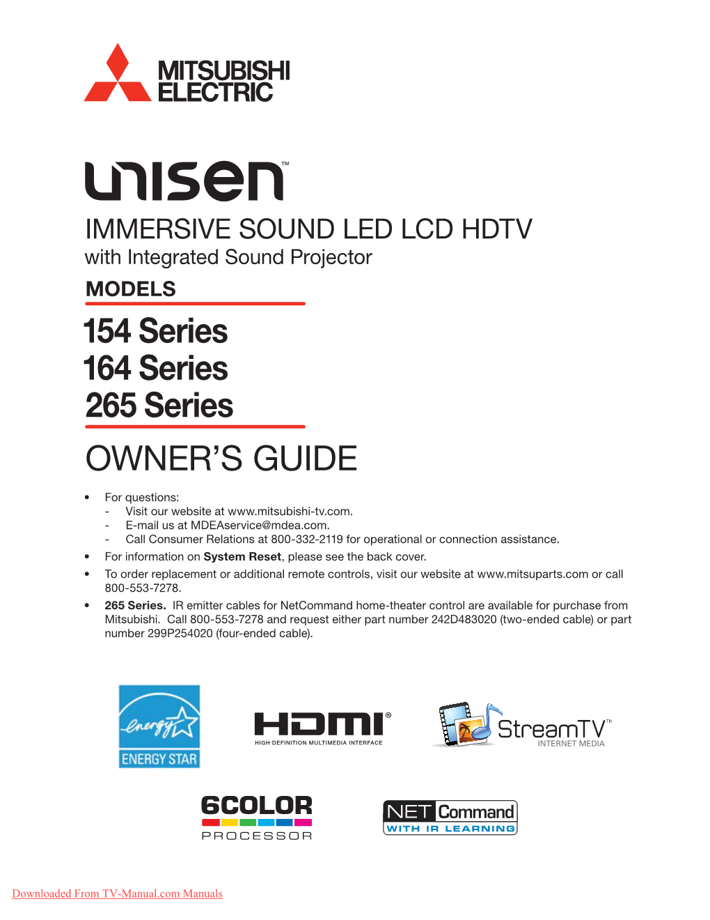 Mitsubishi Electric LT-55154 Tv User Guide Manual Operating