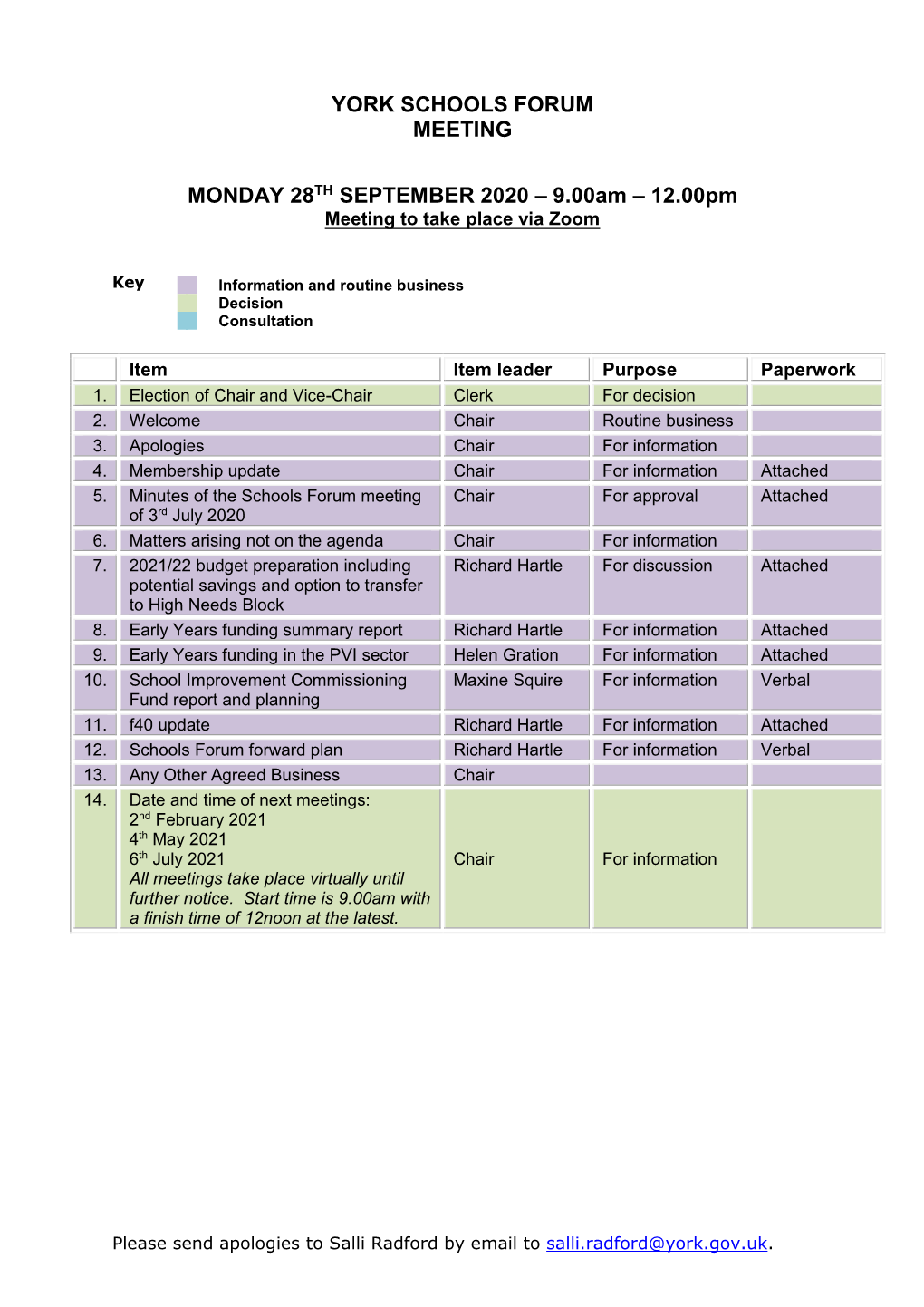 Schools Forum Agenda 28 September 2020