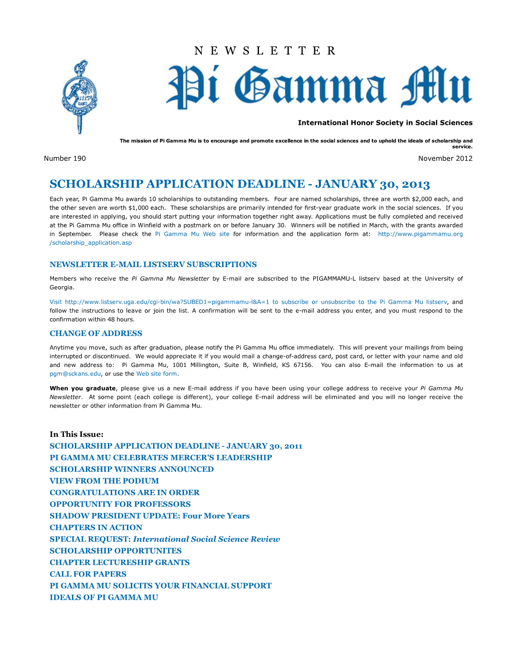 Pi Gamma Mu International Newsletter: November 2012