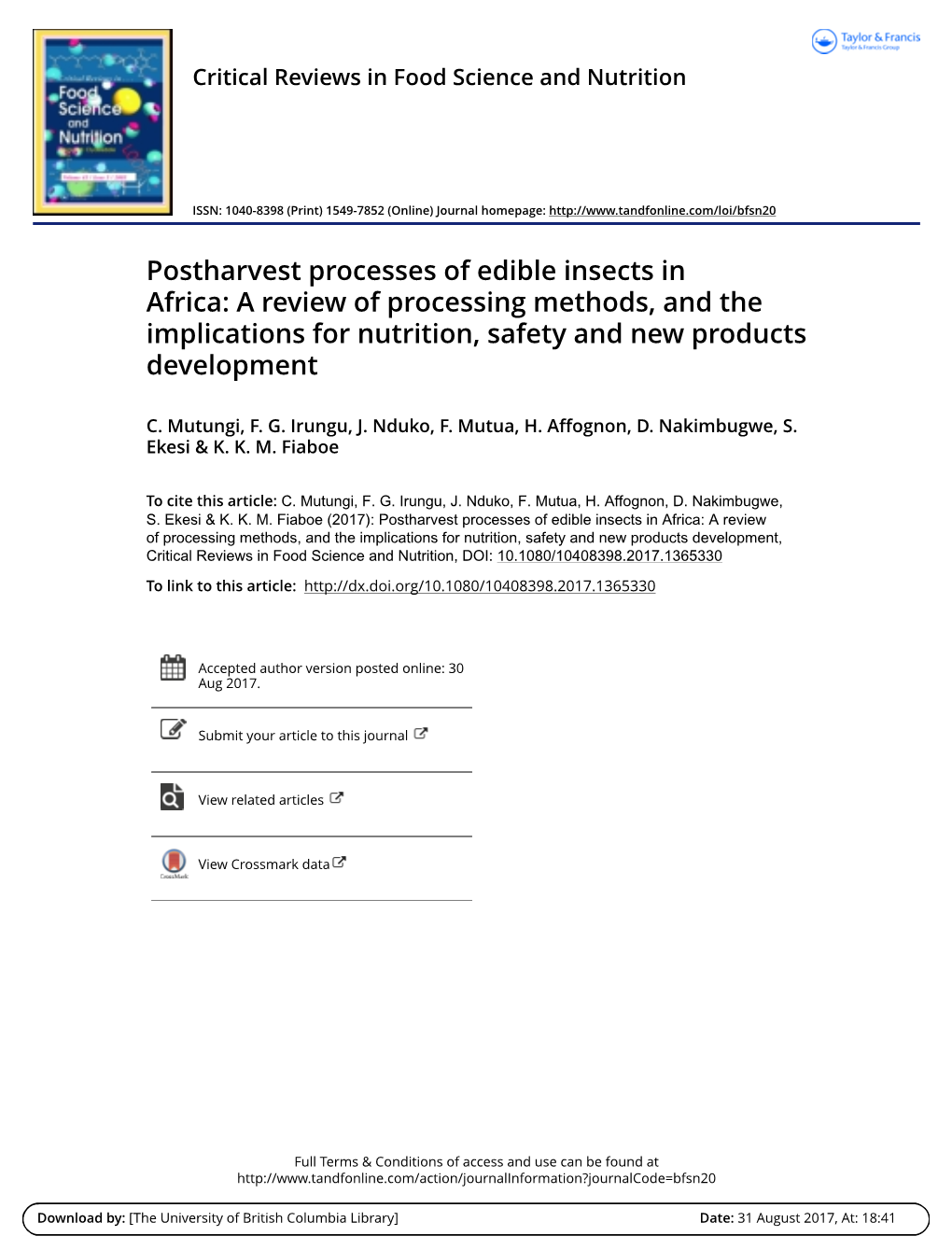 Postharvest Processes of Edible Insects in Africa: a Review of Processing Methods, and the Implications for Nutrition, Safety and New Products Development