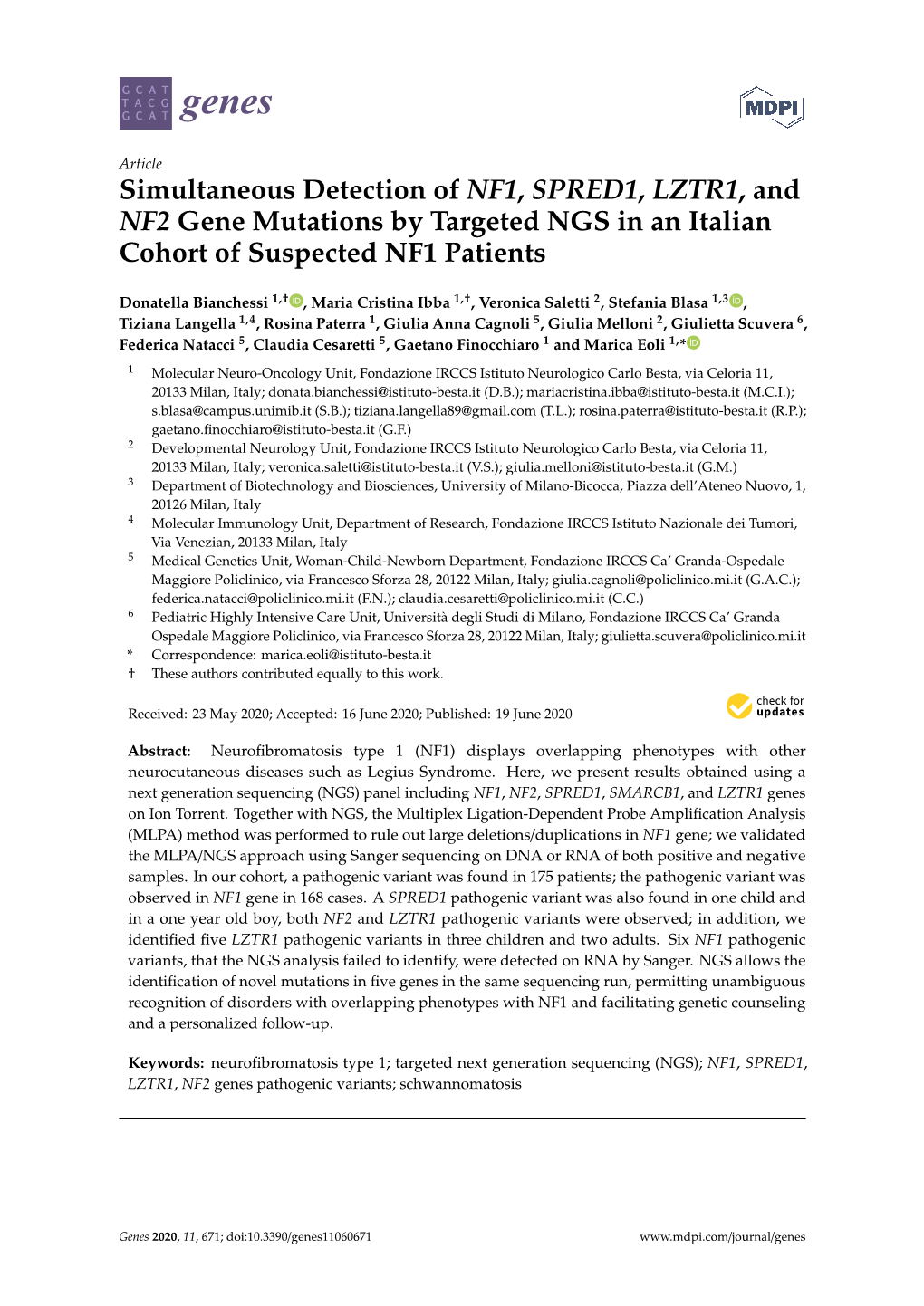 Simultaneous Detection of NF1, SPRED1, LZTR1, and NF2 Gene Mutations by Targeted NGS in an Italian Cohort of Suspected NF1 Patients