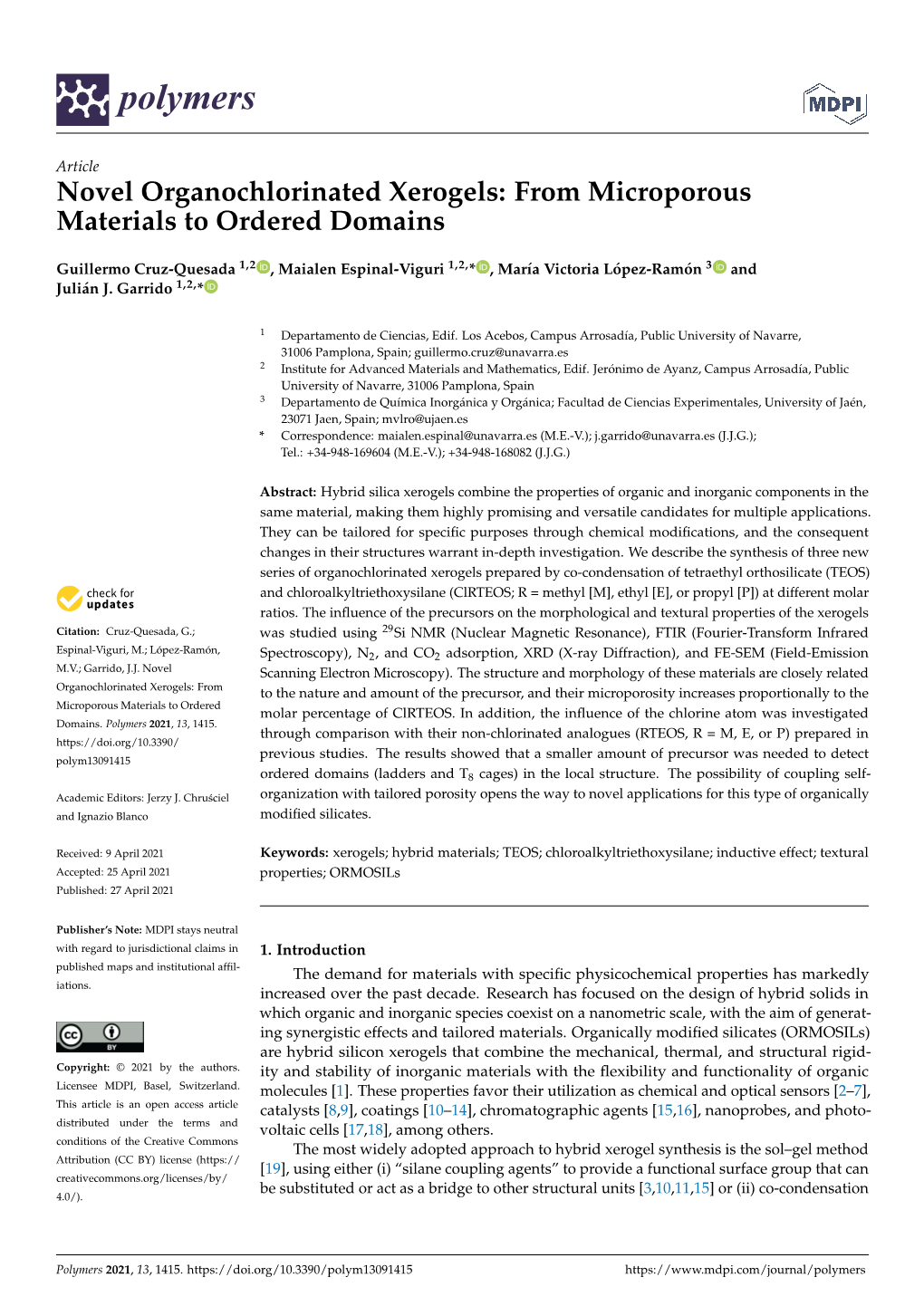 Novel Organochlorinated Xerogels: from Microporous Materials to Ordered Domains