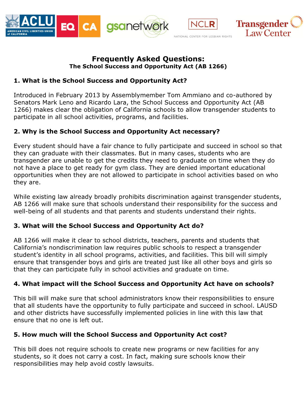 Frequently Asked Questions: the School Success and Opportunity Act (AB 1266)