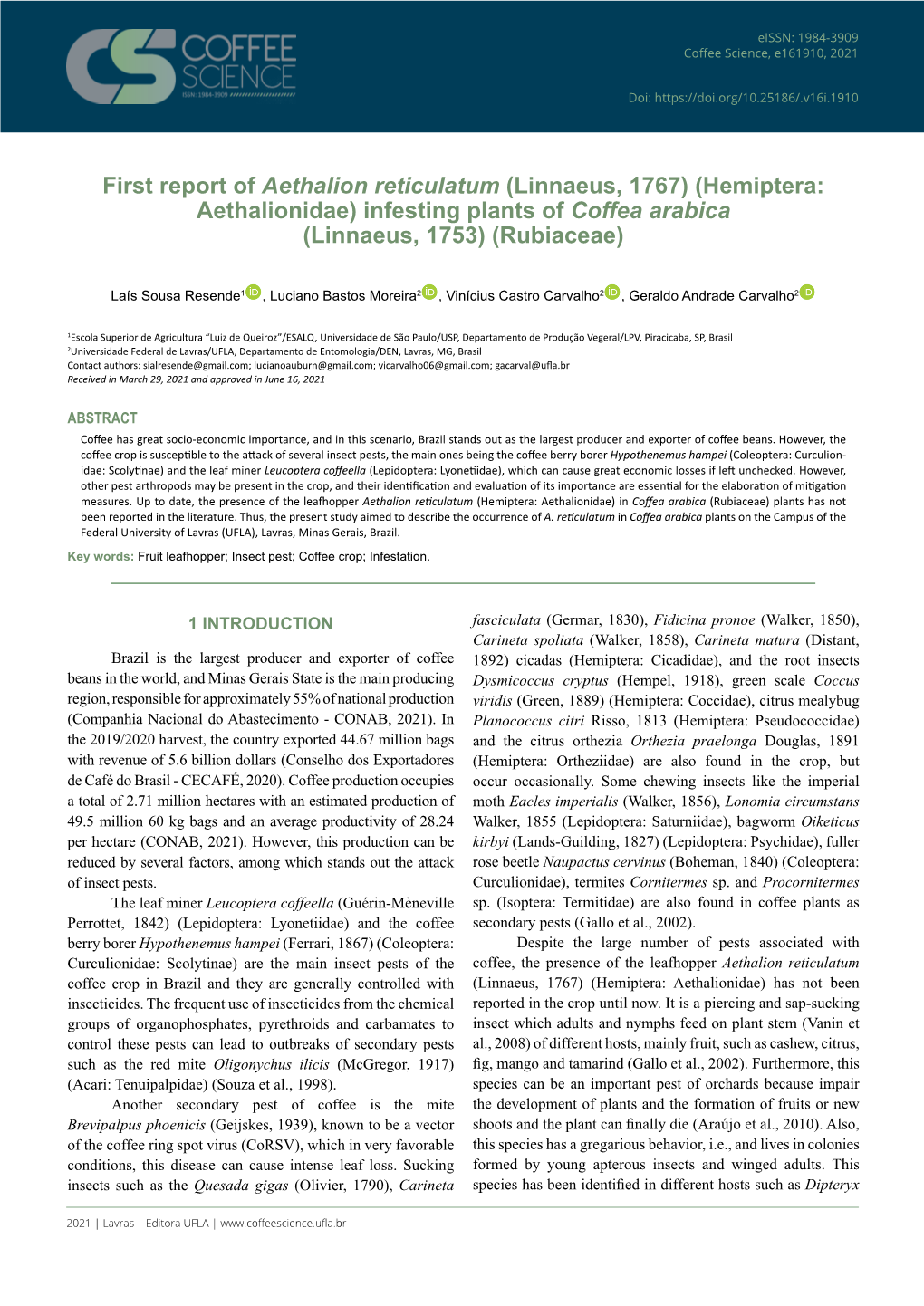 Infesting Plants of Coffea Arabica (Linnaeus, 1753) (Rubiaceae)