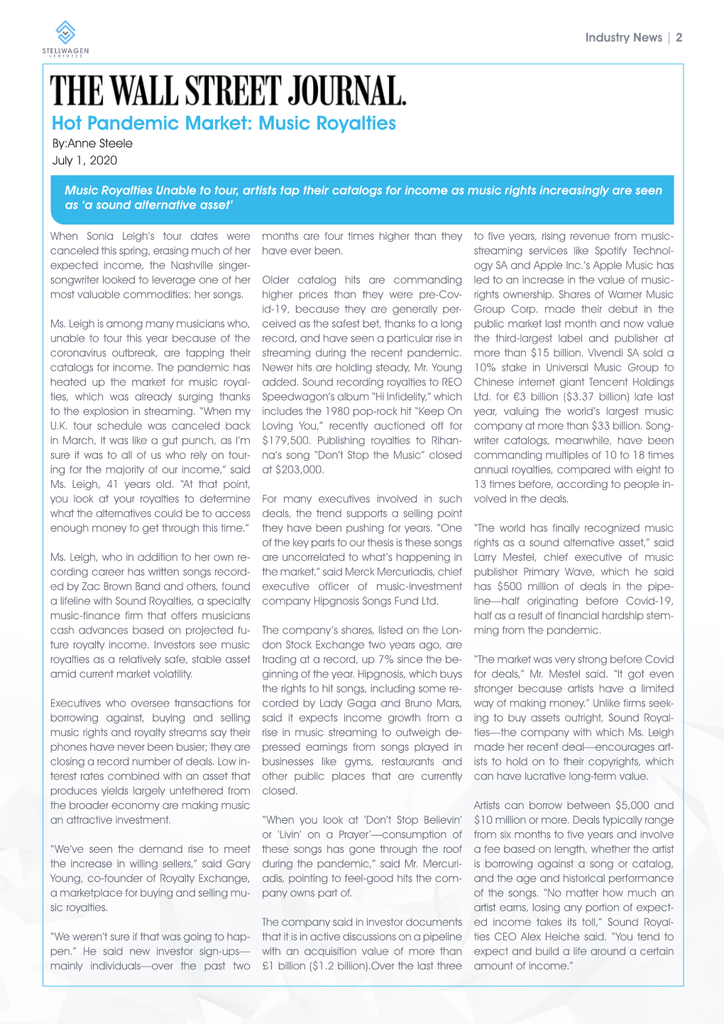 Hot Pandemic Market: Music Royalties By:Anne Steele July 1, 2020