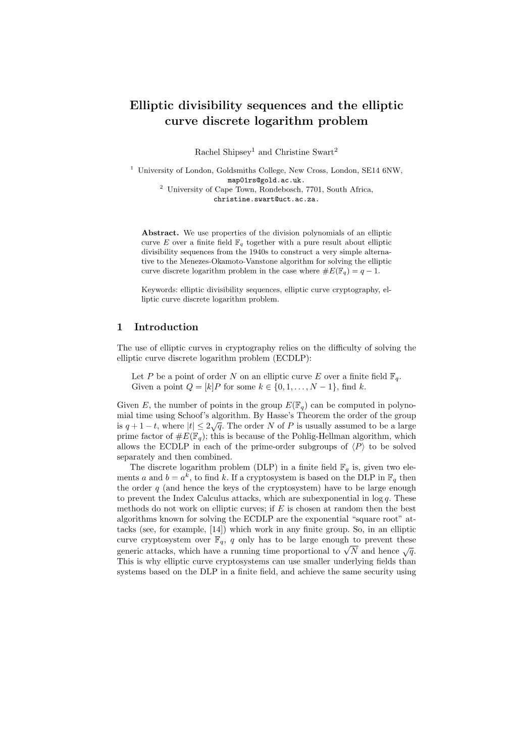 Elliptic Divisibility Sequences and the Elliptic Curve Discrete Logarithm Problem