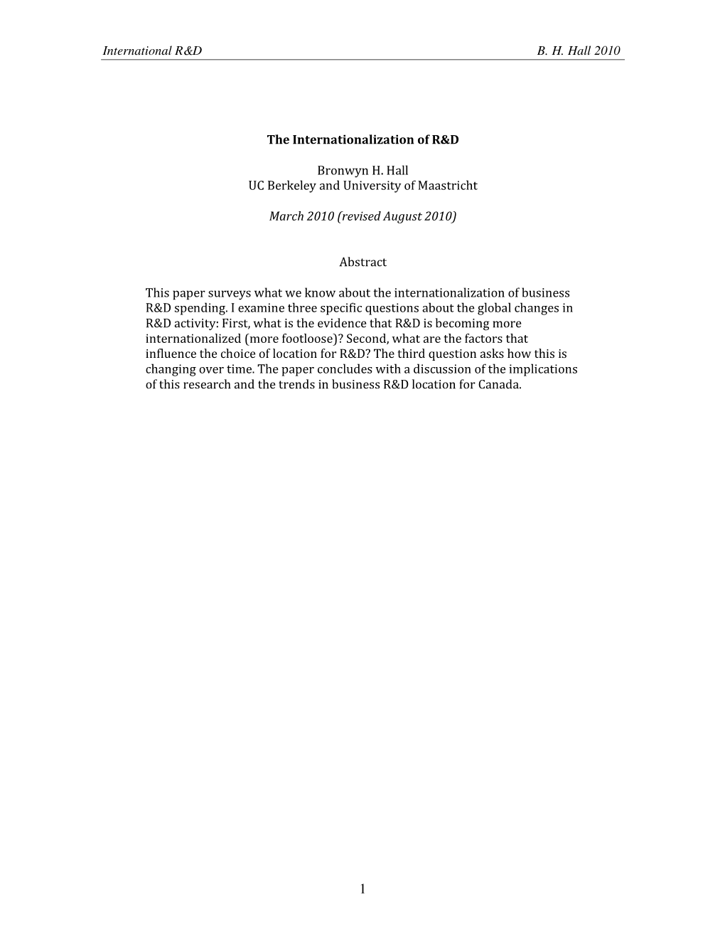International R&D B. H. Hall 2010 the Internationalization of R&D