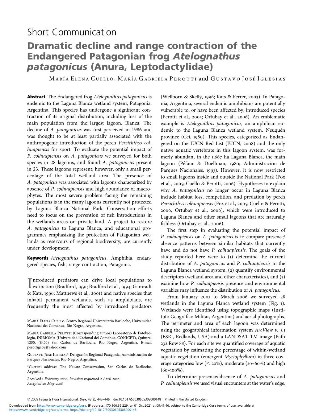 Dramatic Decline and Range Contraction of the Endangered Patagonian Frog Atelognathus Patagonicus (Anura, Leptodactylidae)