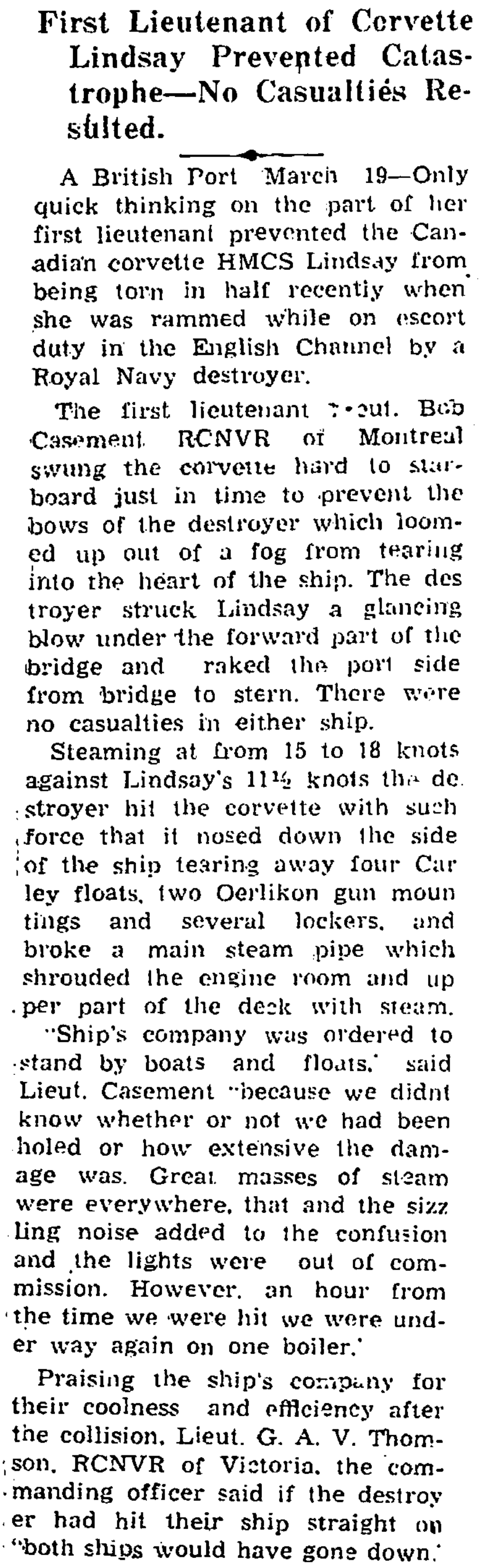 F a S T T U R N S a V E D 2 S H I P S a S Destroyer Hit Corvette First Lieutenant of Corvette Lindsay Prevented Catastrophe