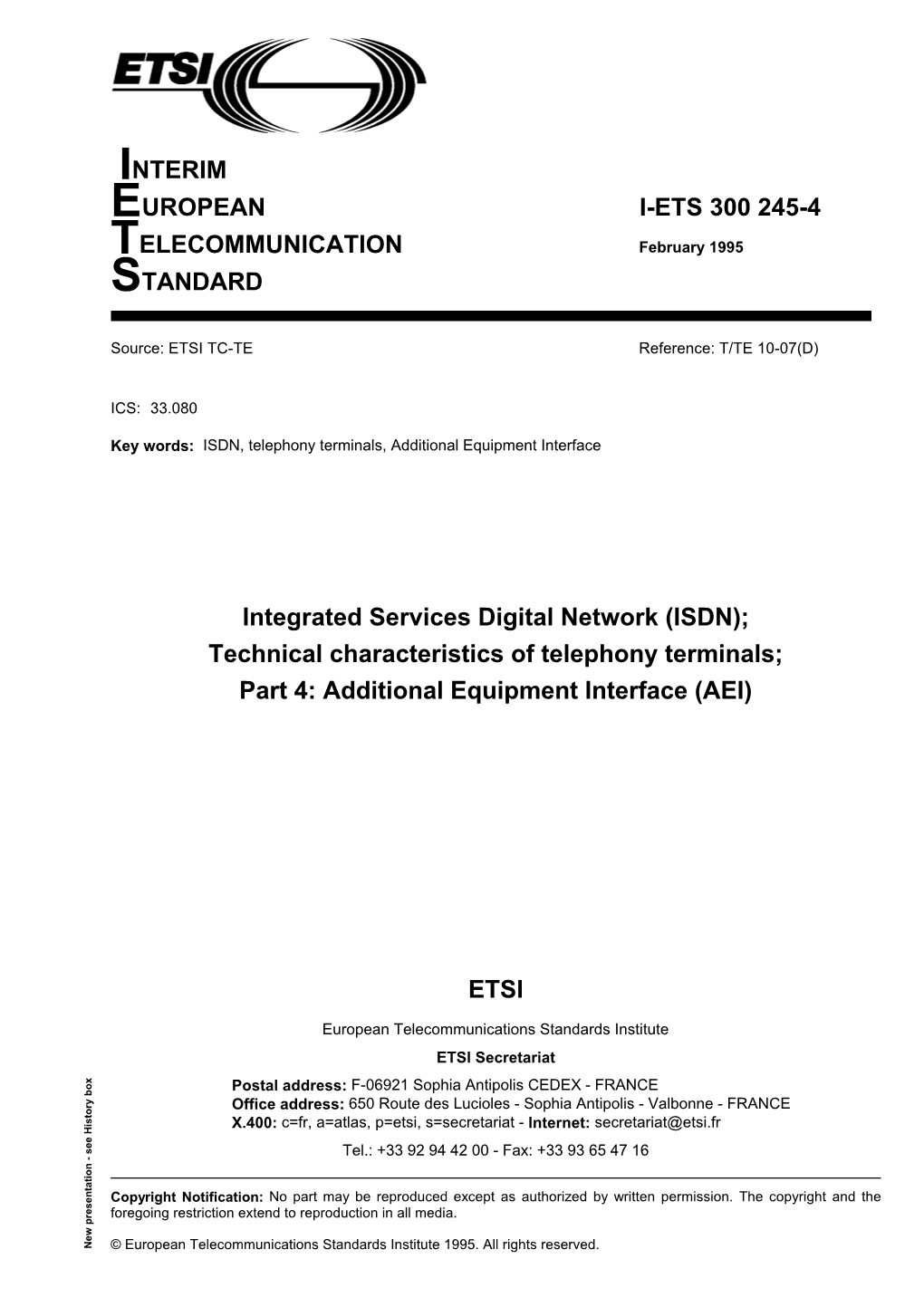 ISDN, Telephony Terminals, Additional Equipment Interface