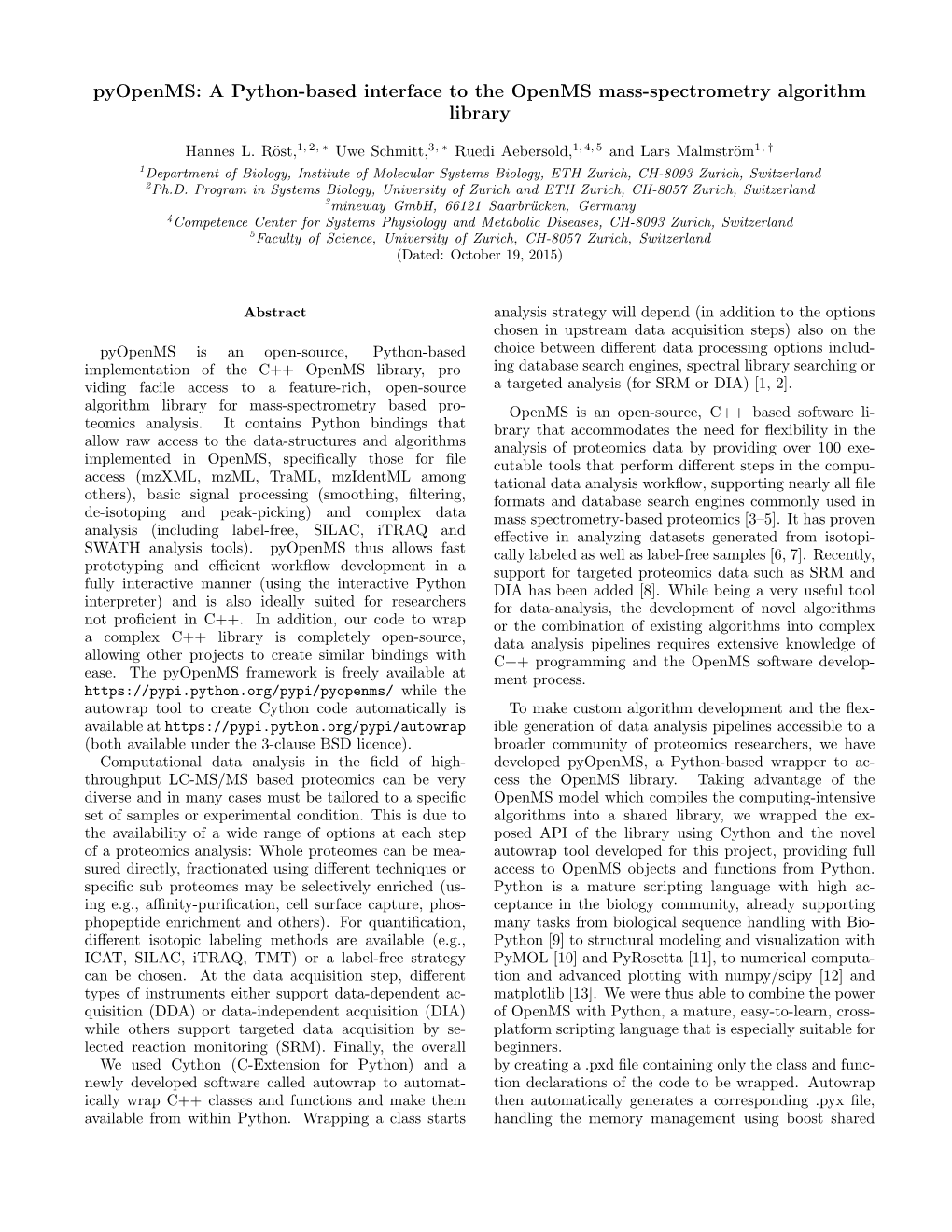 Pyopenms: a Python-Based Interface to the Openms Mass-Spectrometry Algorithm Library