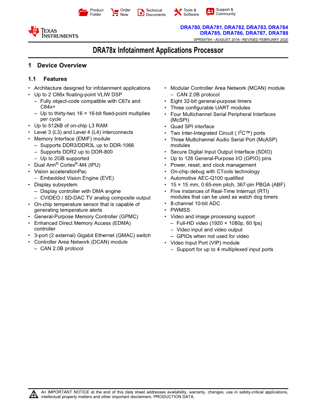 Dra78x Infotainment Applications Processor Datasheet (Rev. H)