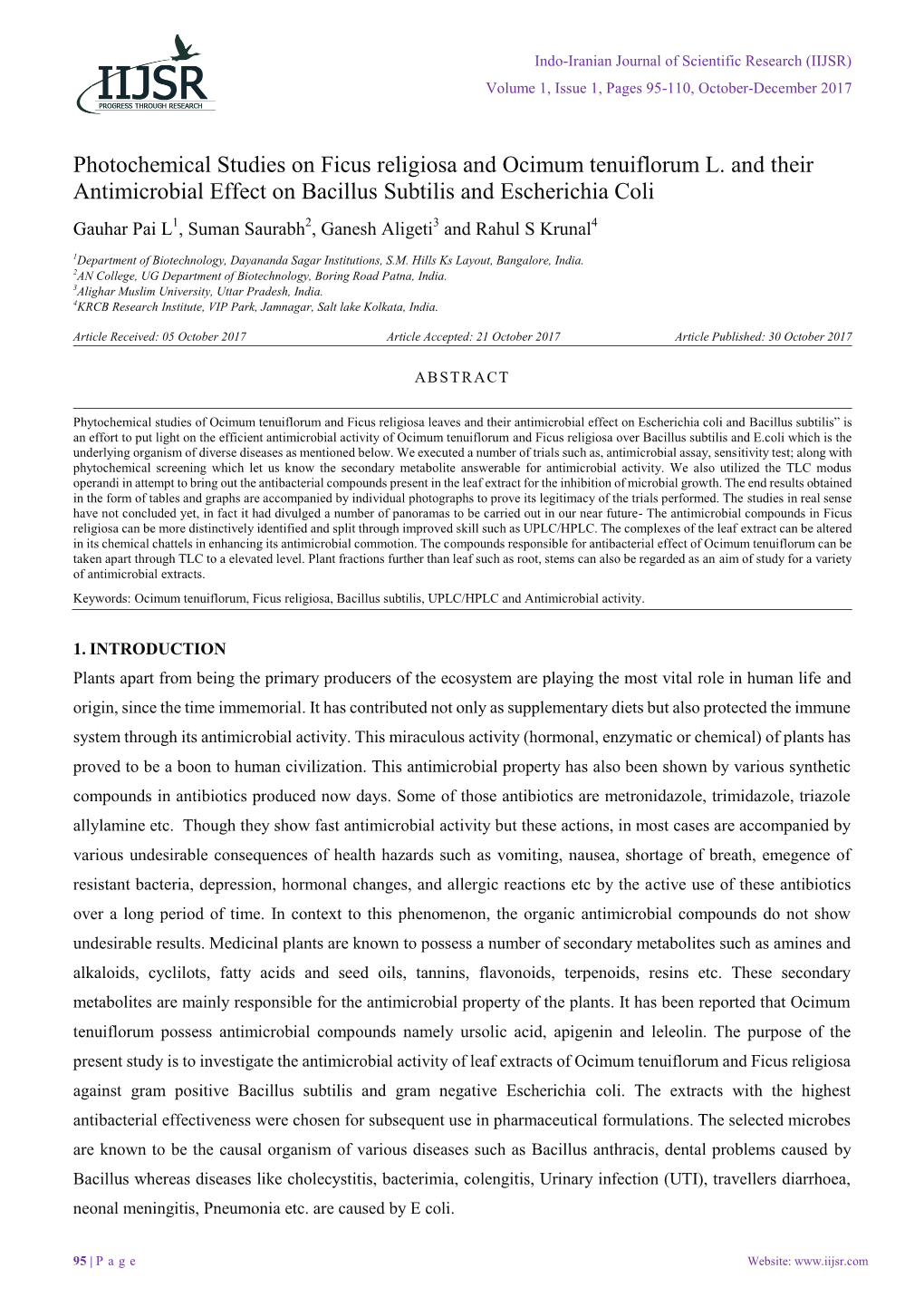 Photochemical Studies on Ficus Religiosa and Ocimum Tenuiflorum L