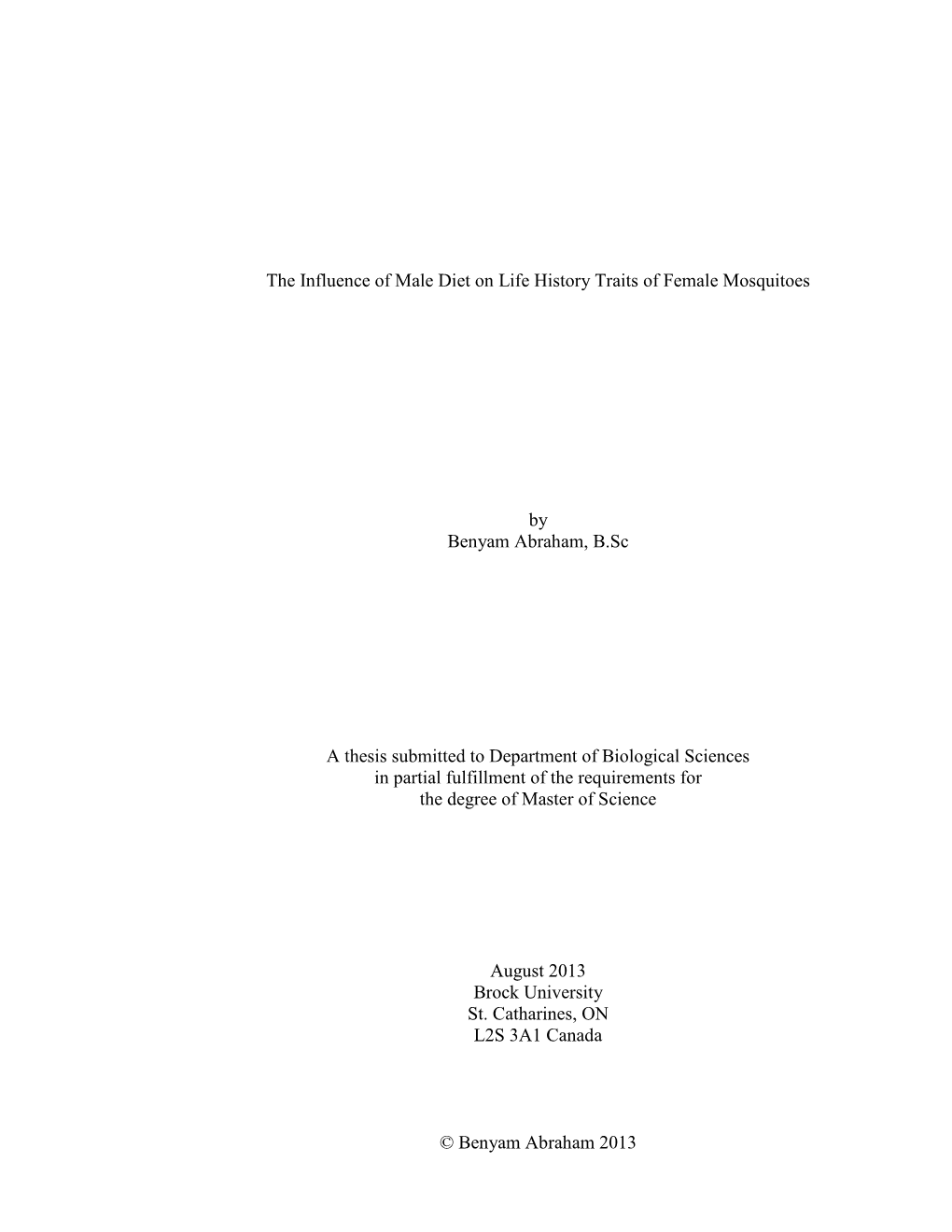 The Influence of Male Diet on Life History Traits of Female Mosquitoes