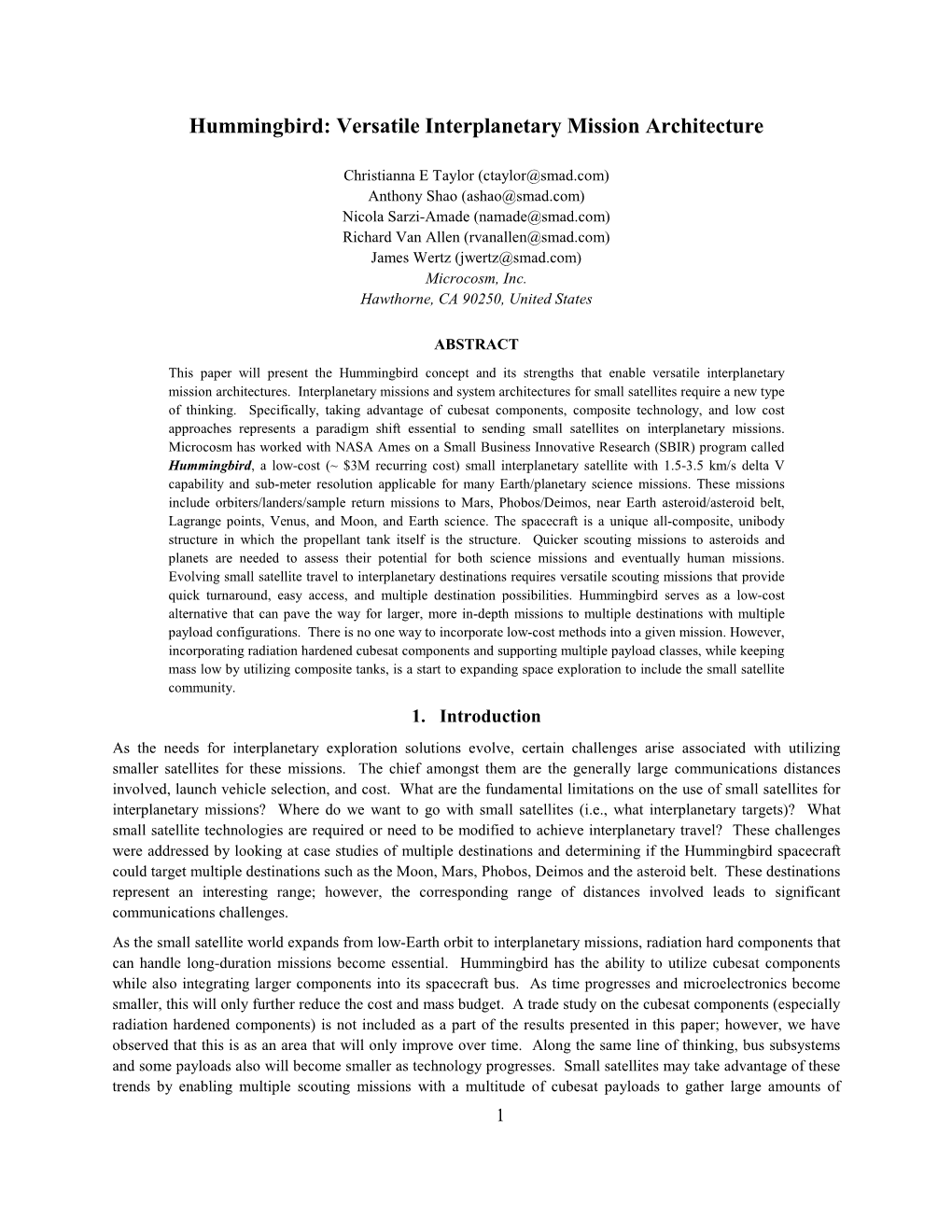 Hummingbird: Versatile Interplanetary Mission Architecture