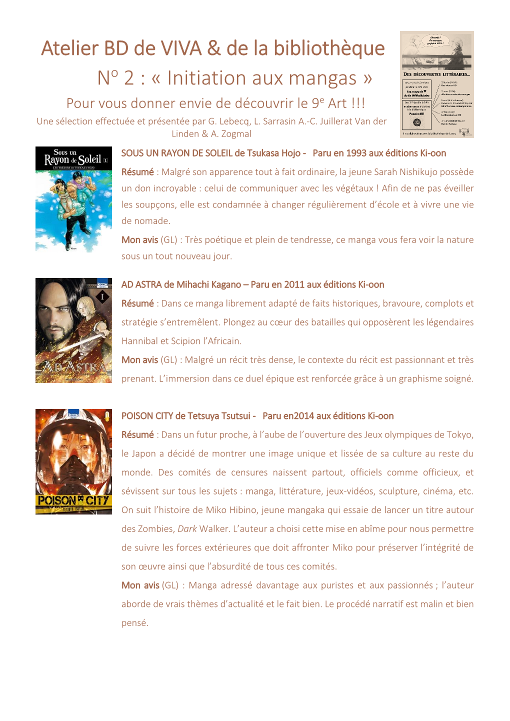 Atelier BD De VIVA & De La Bibliothèque No 2 : « Initiation Aux Mangas »