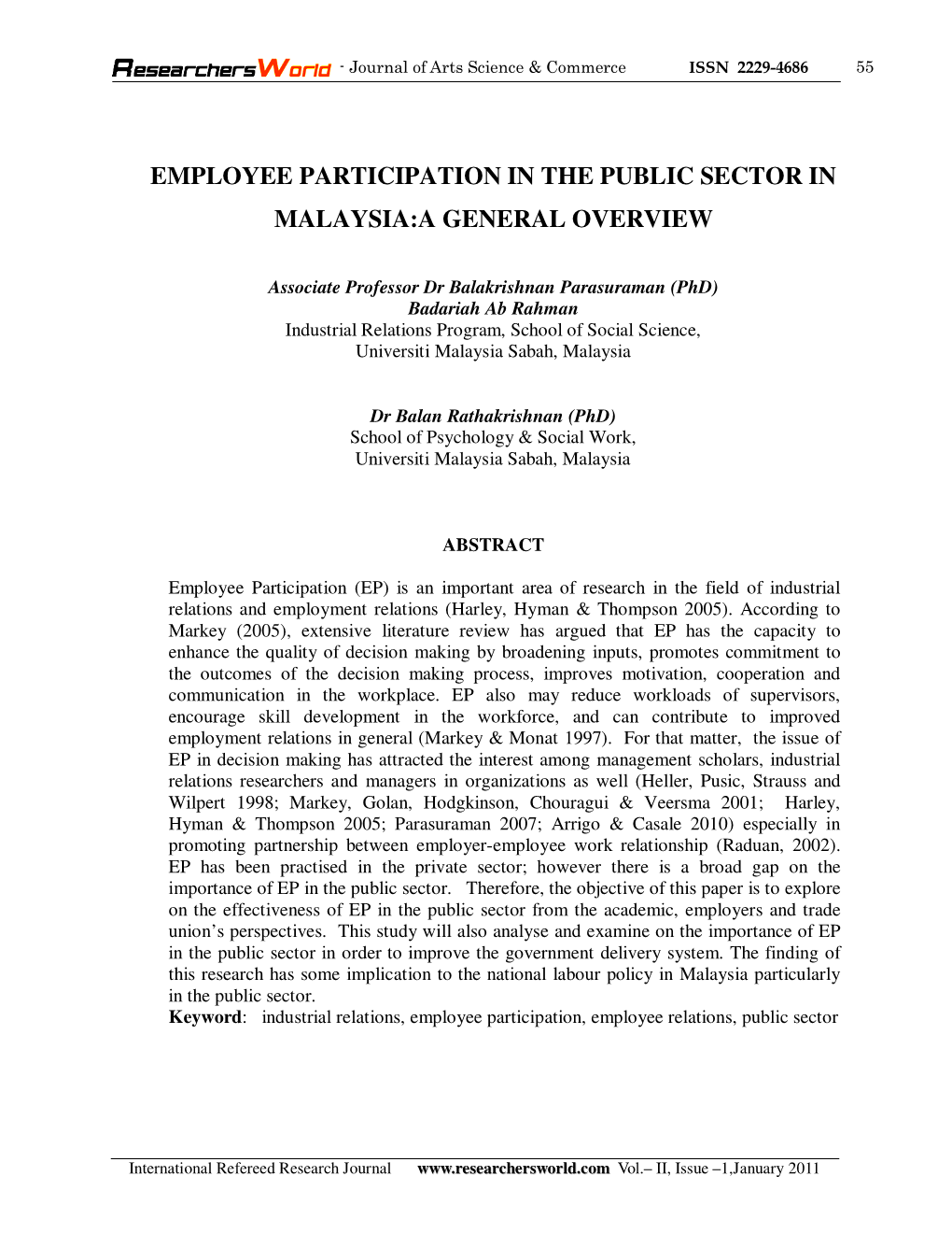 Employee Participation in the Public Sector in Malaysia:A General Overview