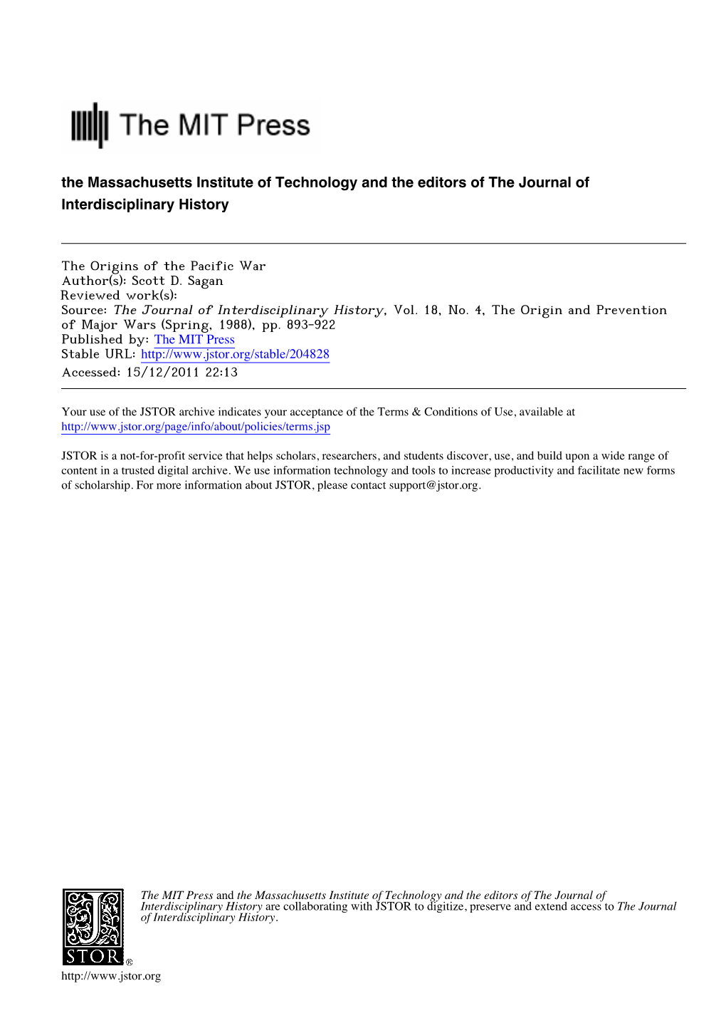 The Massachusetts Institute of Technology and the Editors of the Journal of Interdisciplinary History