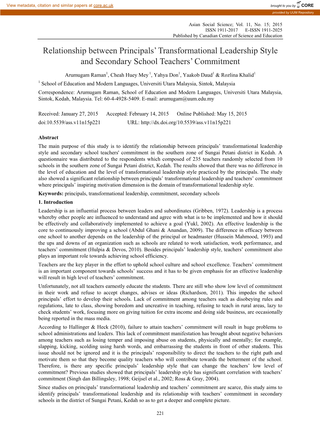 Relationship Between Principals' Transformational Leadership Style