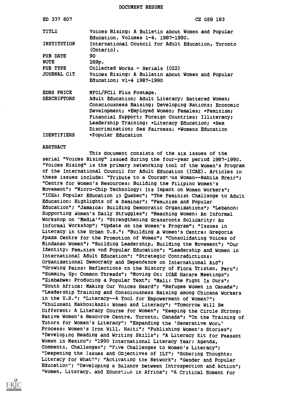 DOCUMENT RESUME ED 337 607 CE 059 193 TITLE Voices Rising: A