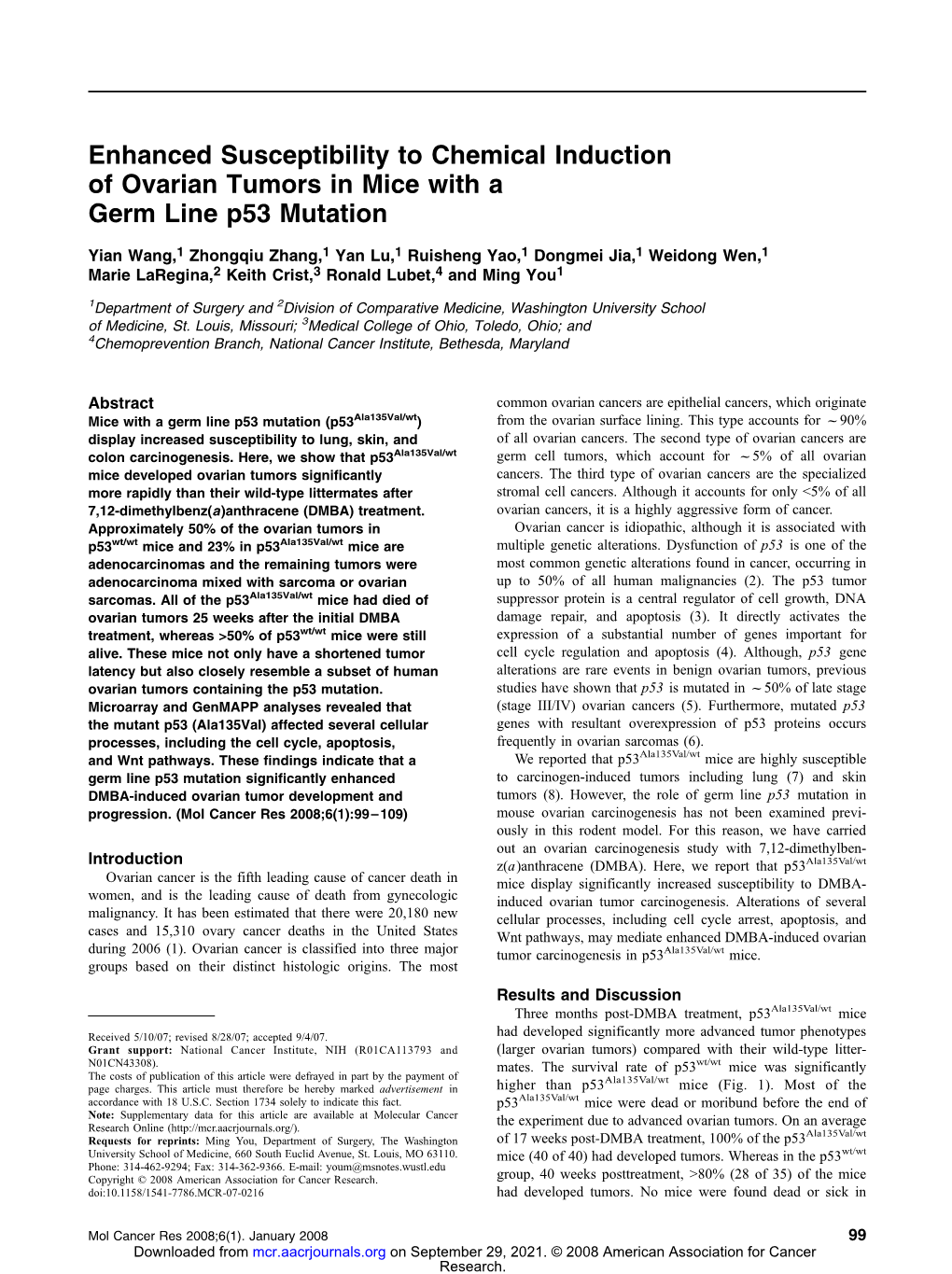 Enhanced Susceptibility to Chemical Induction of Ovarian Tumors in Mice with a Germ Line P53 Mutation