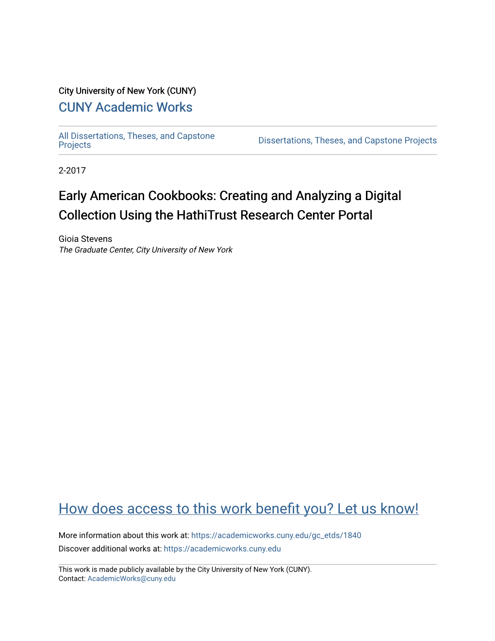 Early American Cookbooks: Creating and Analyzing a Digital Collection Using the Hathitrust Research Center Portal