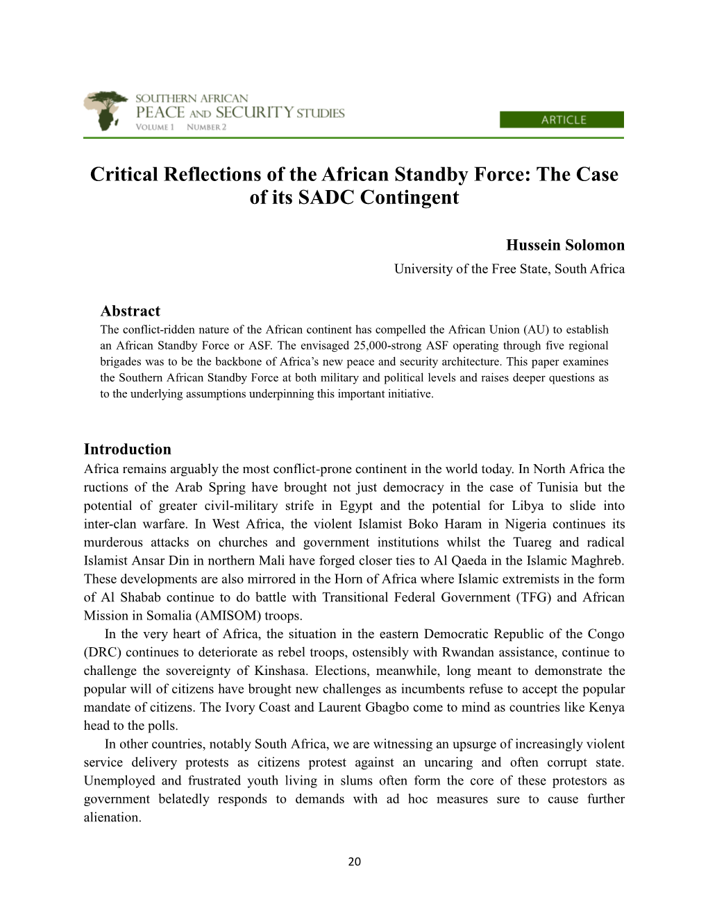 Critical Reflections of the African Standby Force: the Case of Its SADC Contingent