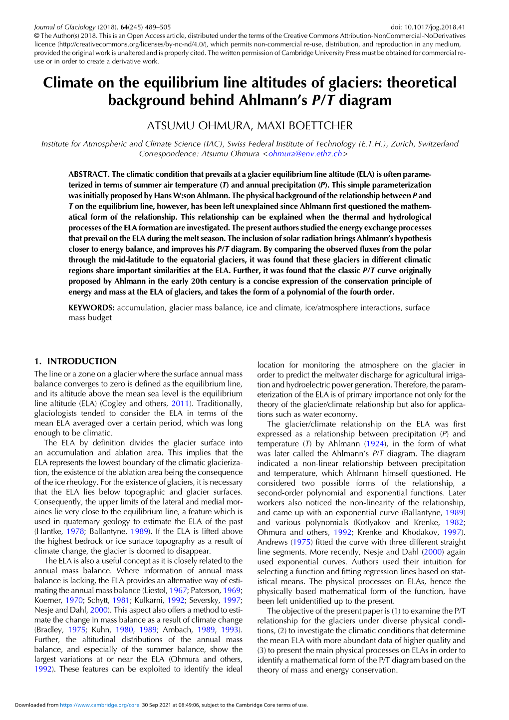 Climate on the Equilibrium Line Altitudes of Glaciers: Theoretical Background Behind Ahlmann’S P/T Diagram