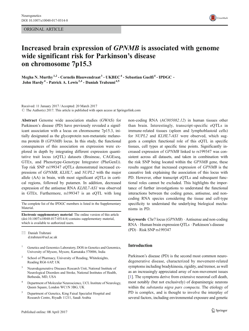 Increased Brain Expression of GPNMB Is Associated with Genome Wide Significant Risk for Parkinson’Sdisease on Chromosome 7P15.3
