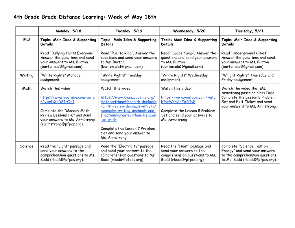 4Th Grade Grade Distance Learning: Week of May 18Th