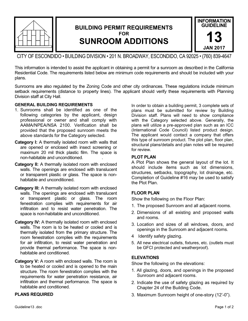 Sunroom Additions 13 Jan 2017 City of Escondido • Building Division • 201 N