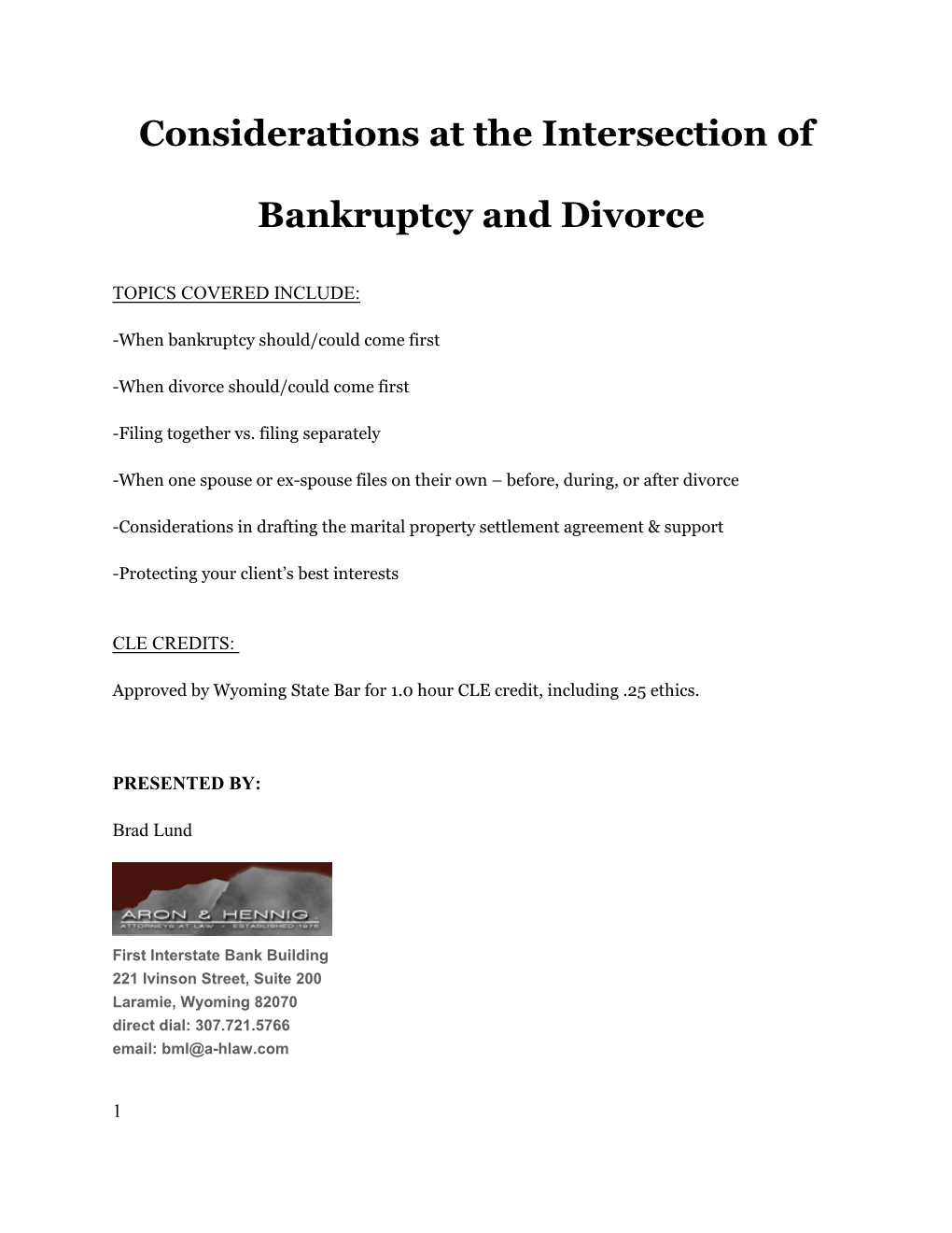 Considerations at the Intersection of Bankruptcy and Divorce