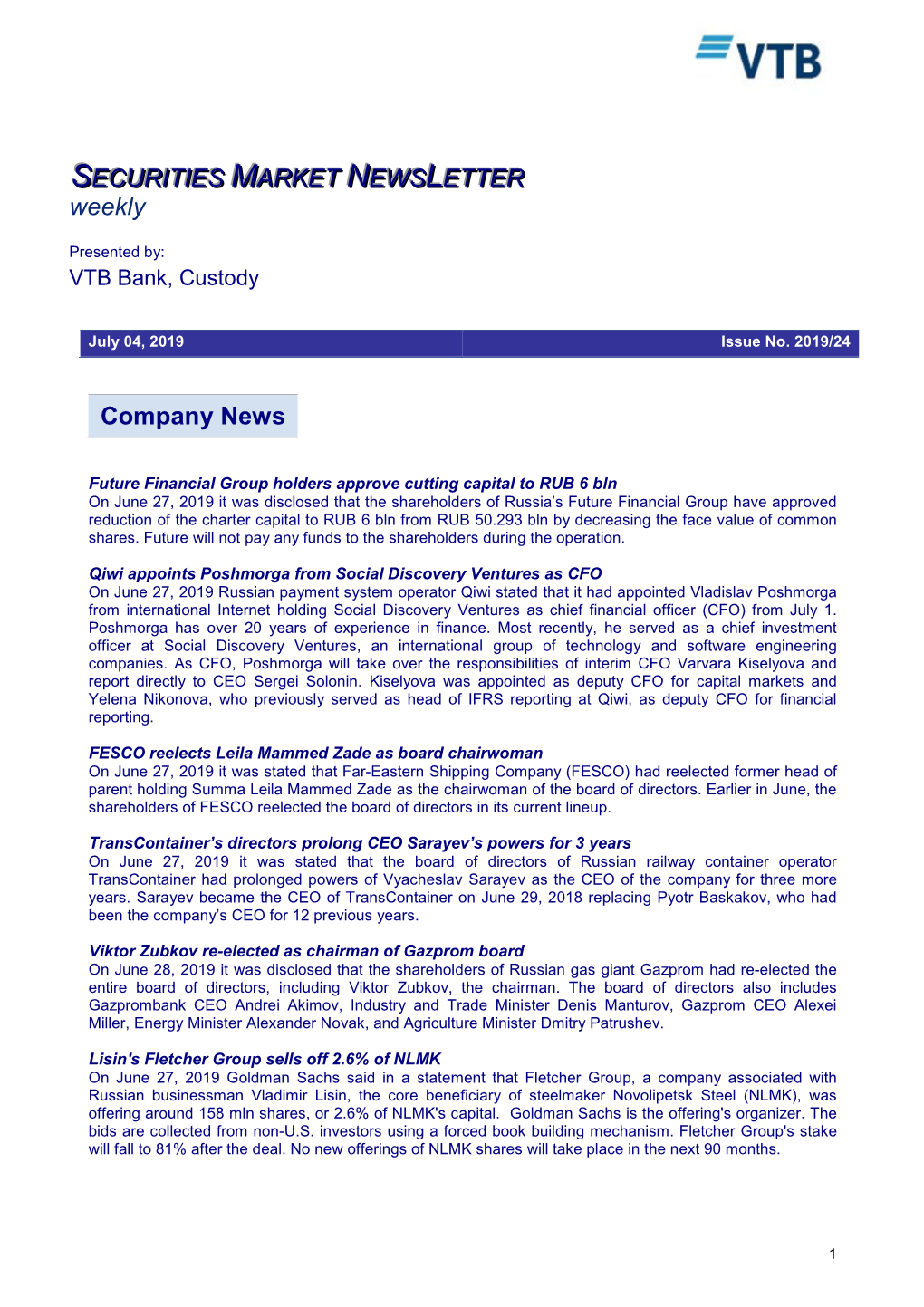 Company News SECURITIES MARKET NEWS LETTER Weekly